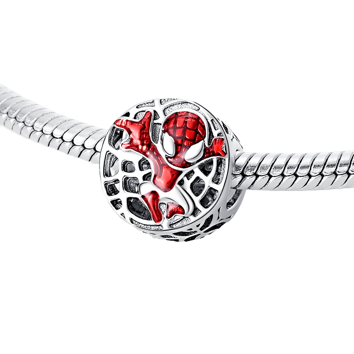 Marvel Spider-Man Soaring City Web Charm featuring Spider-Man in red enamel on a silver web charm.