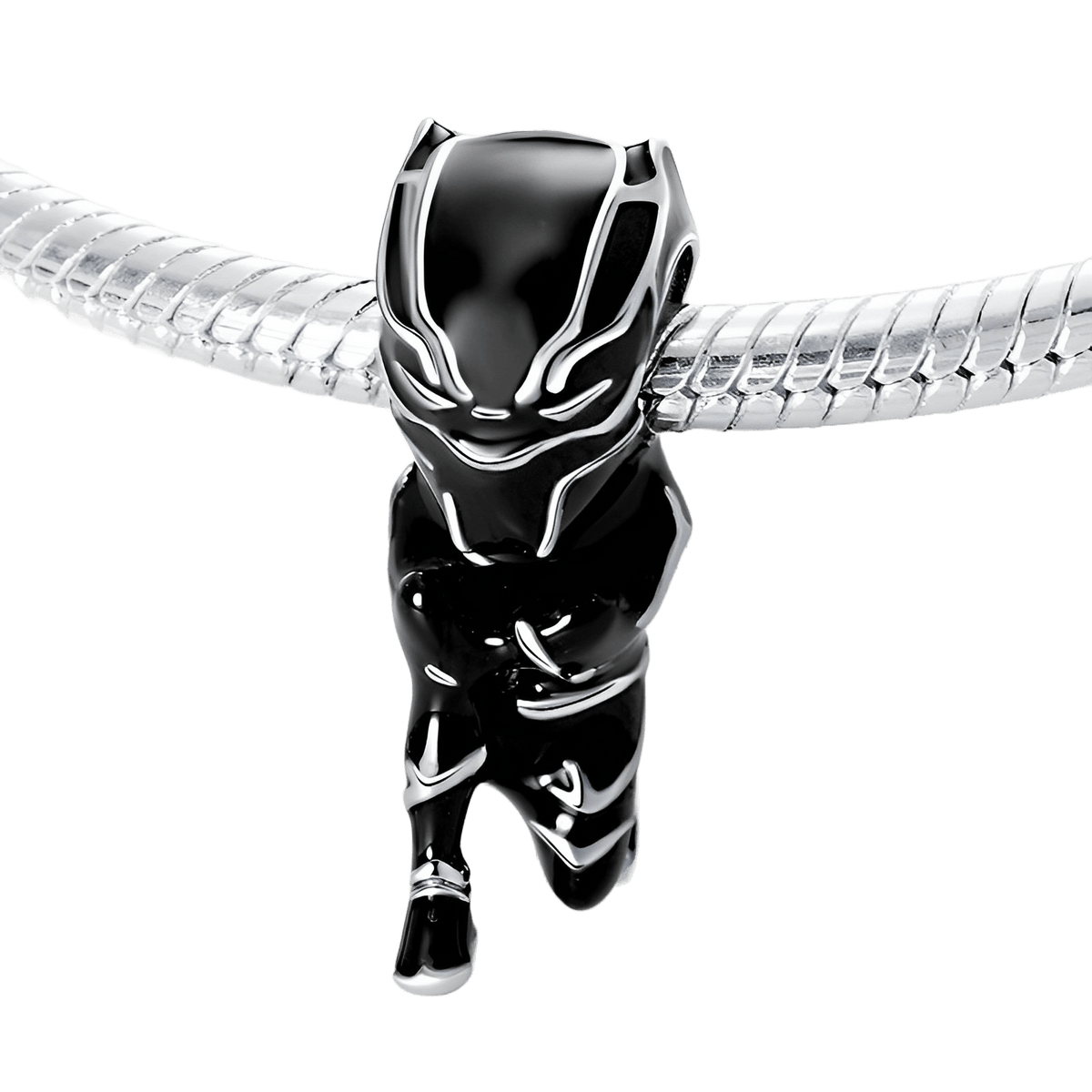 Marvel Black Panther Wakanda Forever Charm on a silver bracelet, showcasing intricate black enamel and silver detailing.