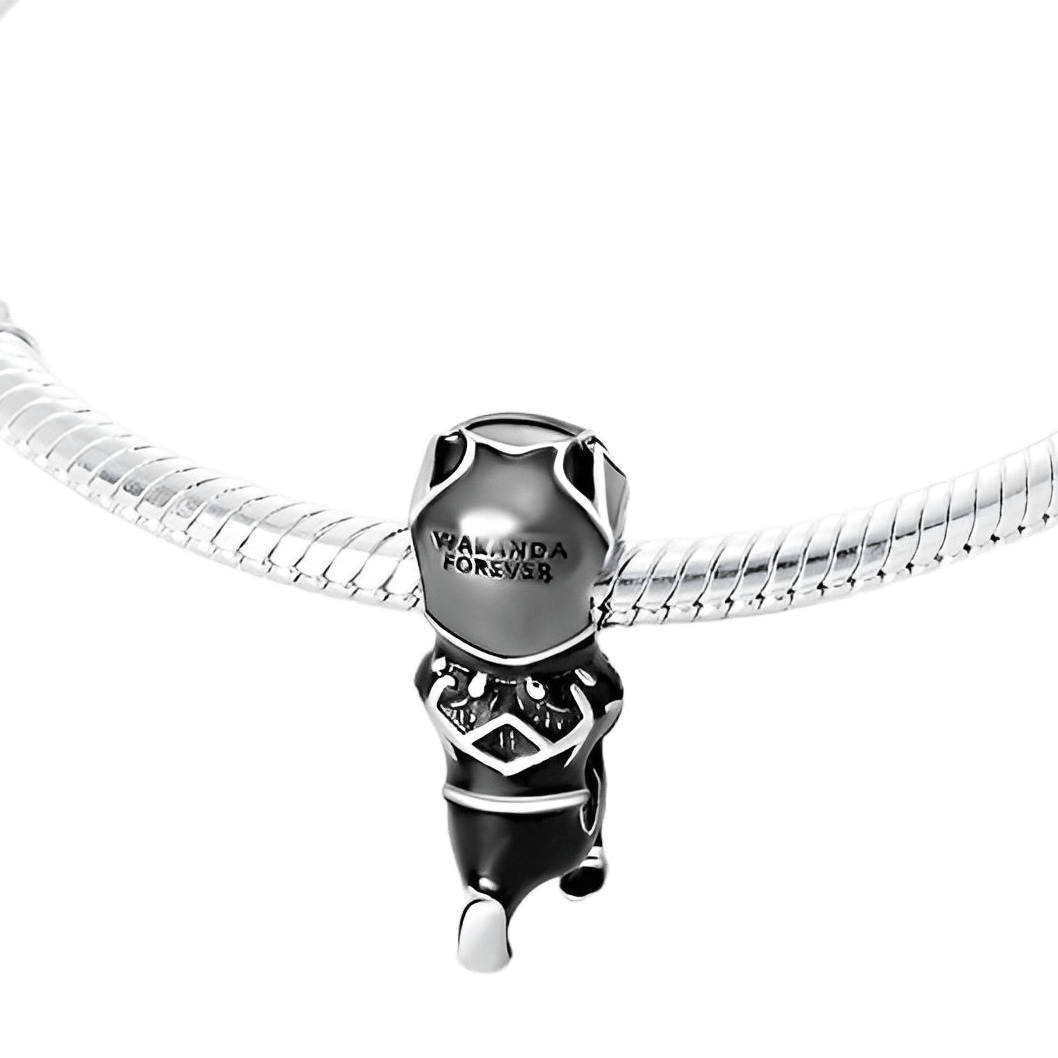 Marvel Black Panther Wakanda Forever Charm featuring a silver bracelet and iconic charm with engraved details.