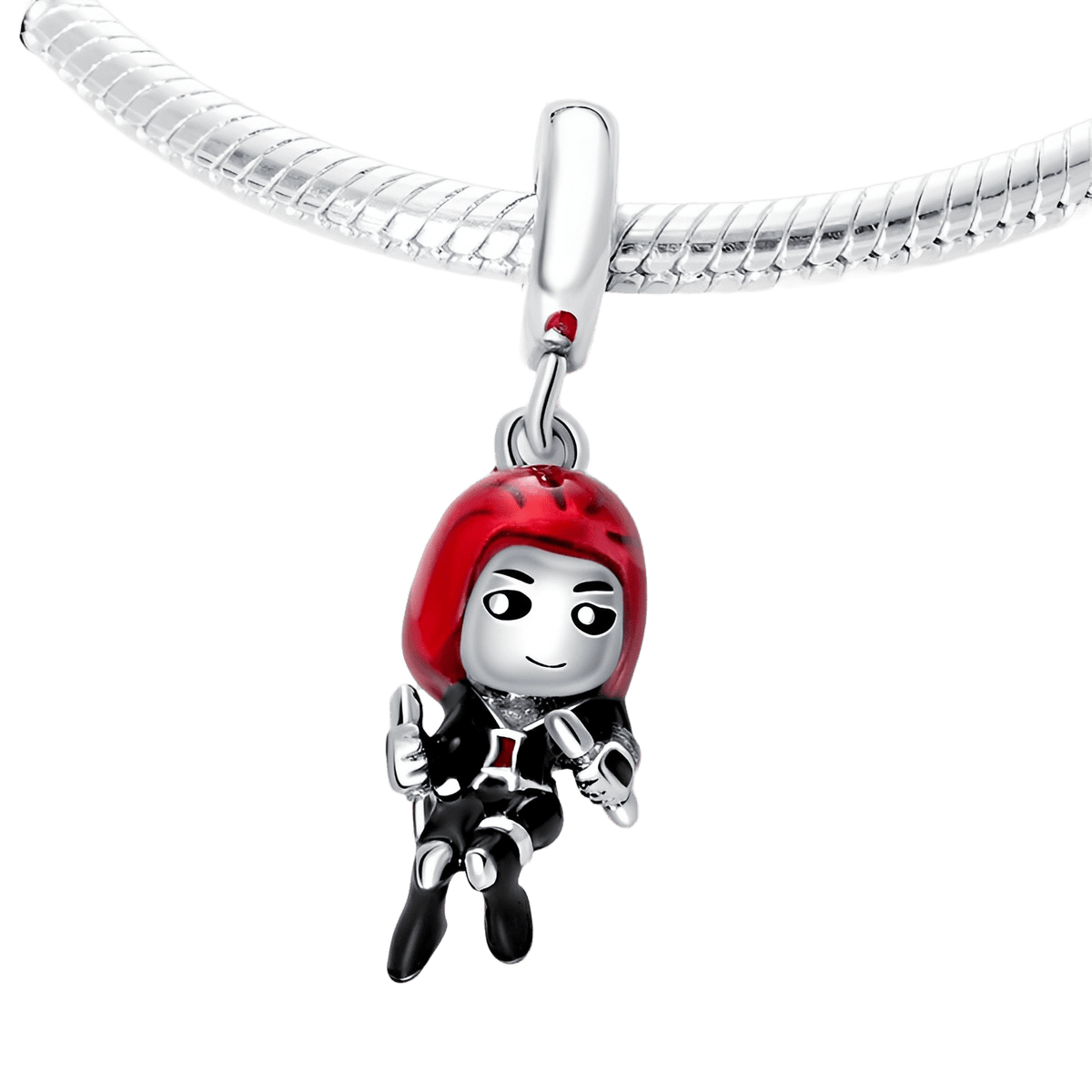 Marvel Black Widow Dangle Charm featuring a cartoon Black Widow with red hair and tactical suit.