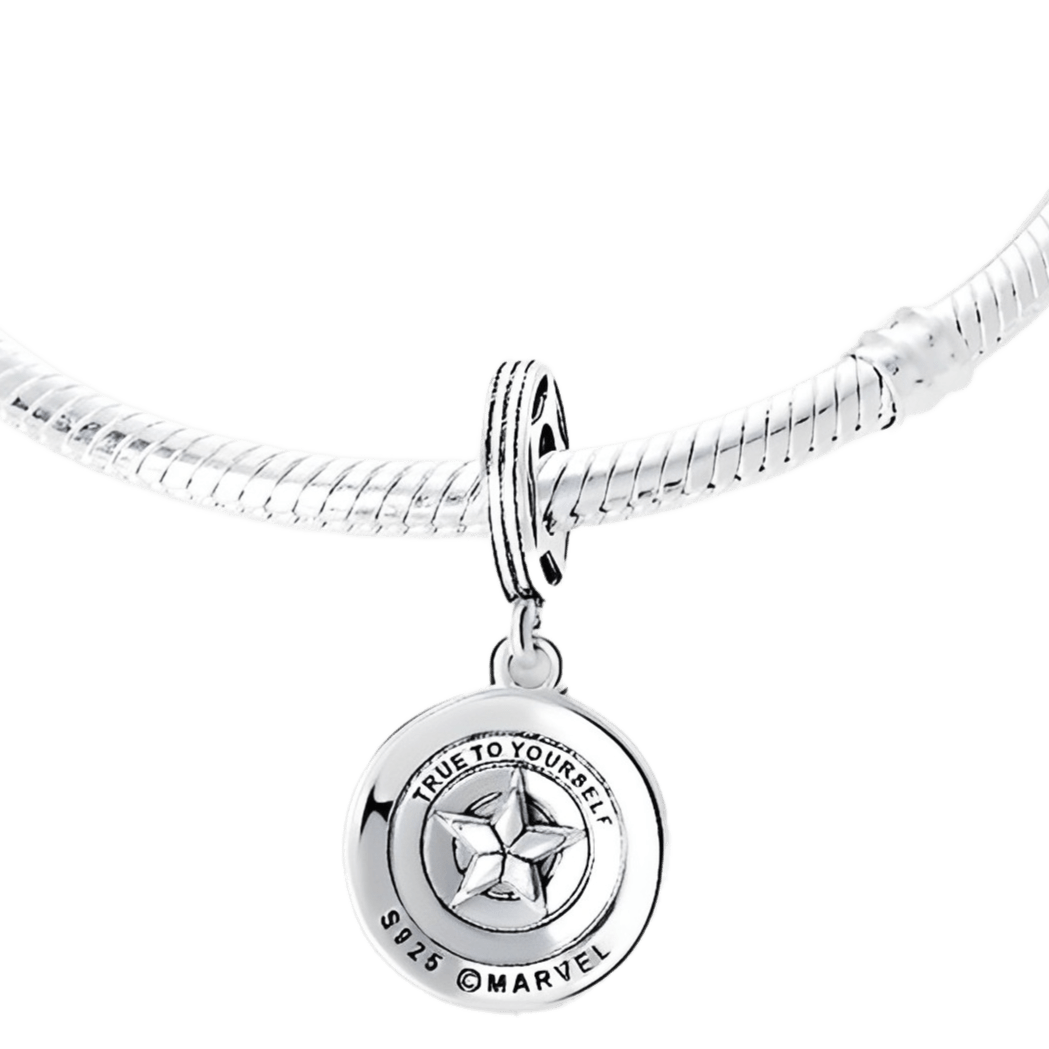 Marvel Captain America Shield Dangle Charm on a bracelet with 'True to Yourself' engraved.
