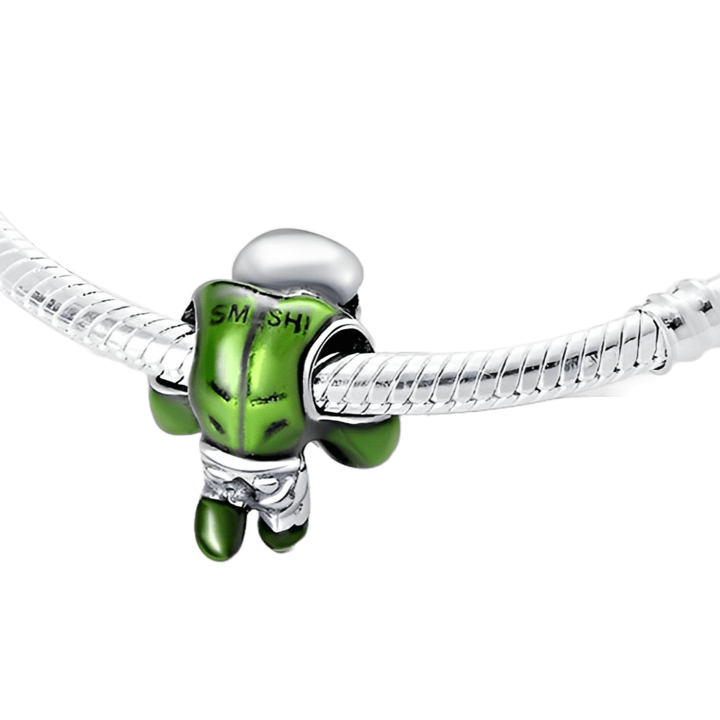 Marvel Avengers Hulk Smash Charm in green enamel with 'SMASH!' engraving on bracelet.