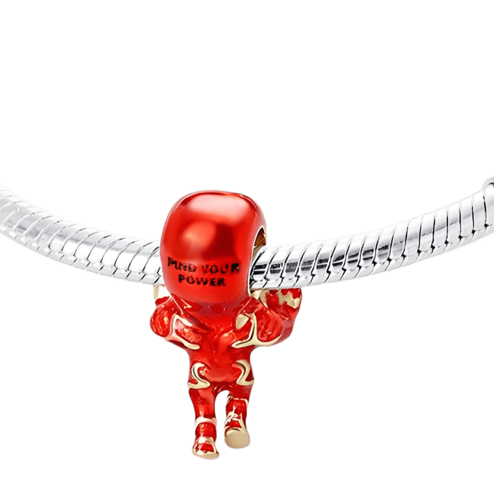 Marvel Iron Man Charm on a bracelet with vibrant red enamel and silver details, perfect for fans of Tony Stark.