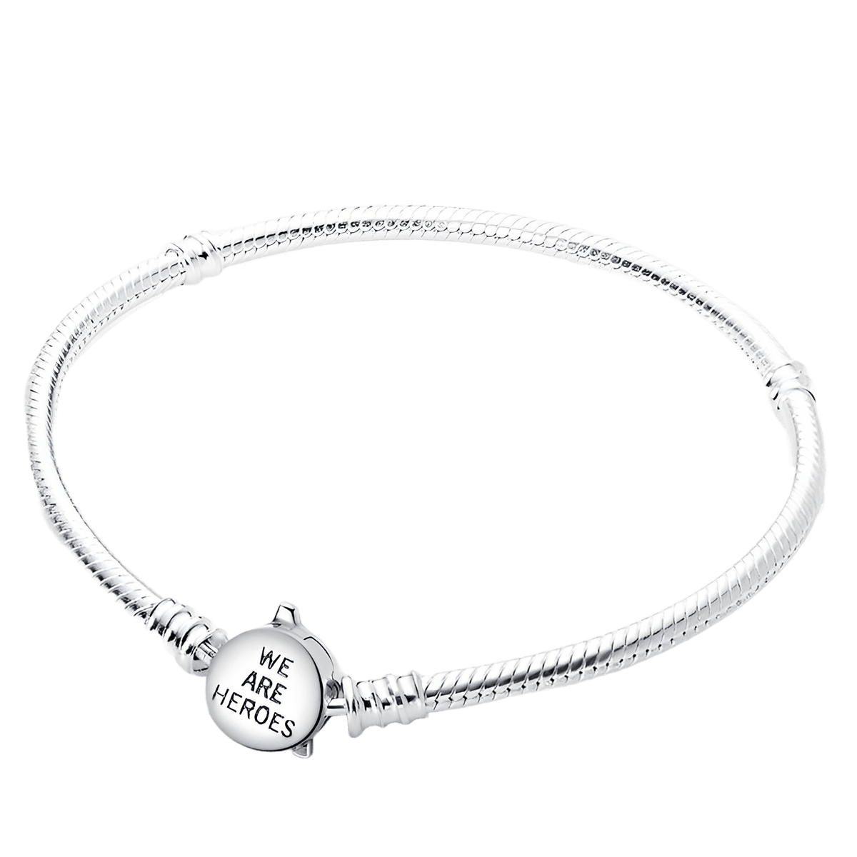 Marvel Avengers Logo Snake Chain Bracelet featuring a sleek silver snake chain with a 'WE ARE HEROES' clasp.