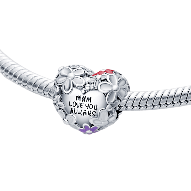 Mum Love You Always Daisy Heart Charm on a silver bracelet with floral design and engraved text.