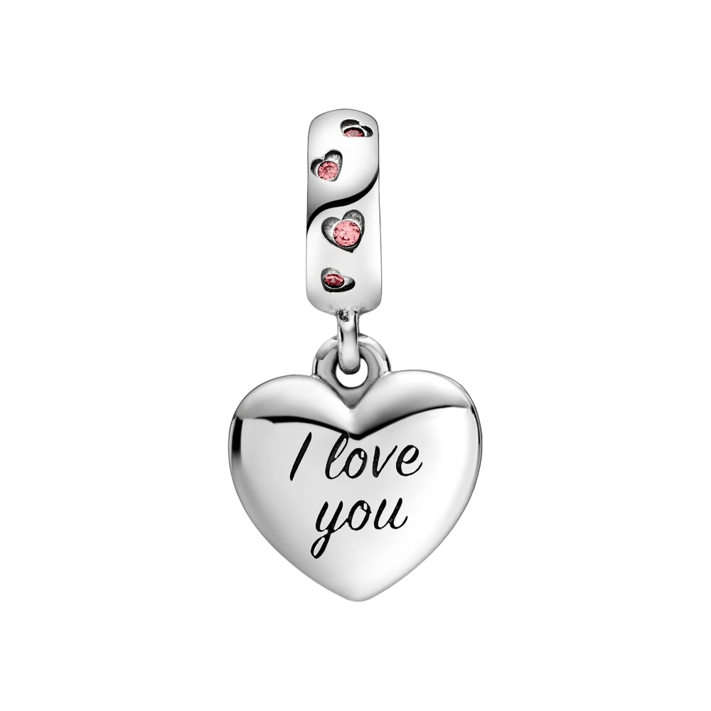 Mom I Love You Pink Heart Dangle Charm featuring I love you inscription and pink stone accents.