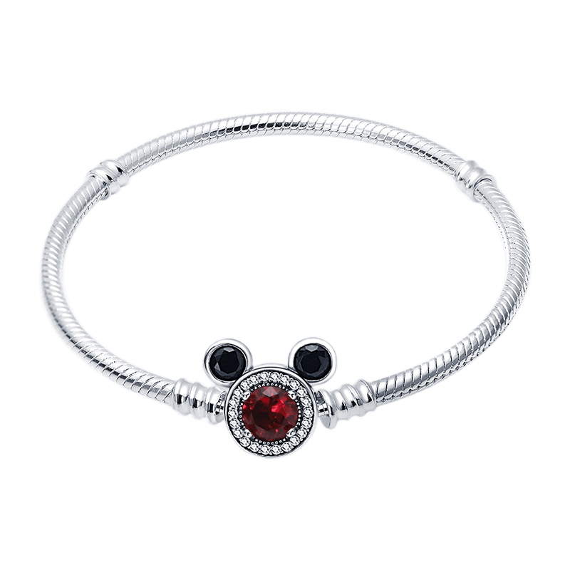 Disney Mickey Mouse Red Gem Snake Chain Bracelet featuring a red gem centerpiece and silver chain design.