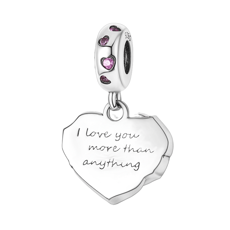 Sparkling Rose Heart Love Dangle Charm featuring an engraved heart with "I love you more than anything" script.