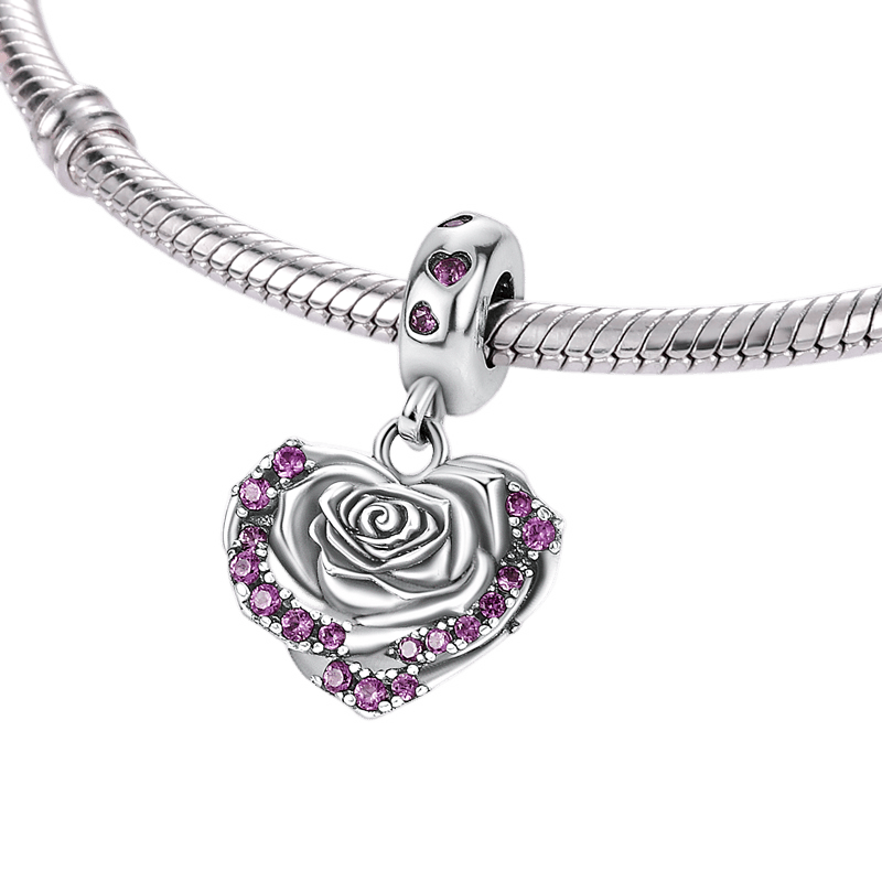 Sparkling Rose Heart Love Dangle Charm featuring a silver rose and pink crystals, perfect for heartfelt gifts.