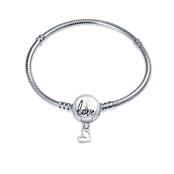 Love Heart Silver Snake Chain Bracelet with engraved 'love' clasp and heart charm.