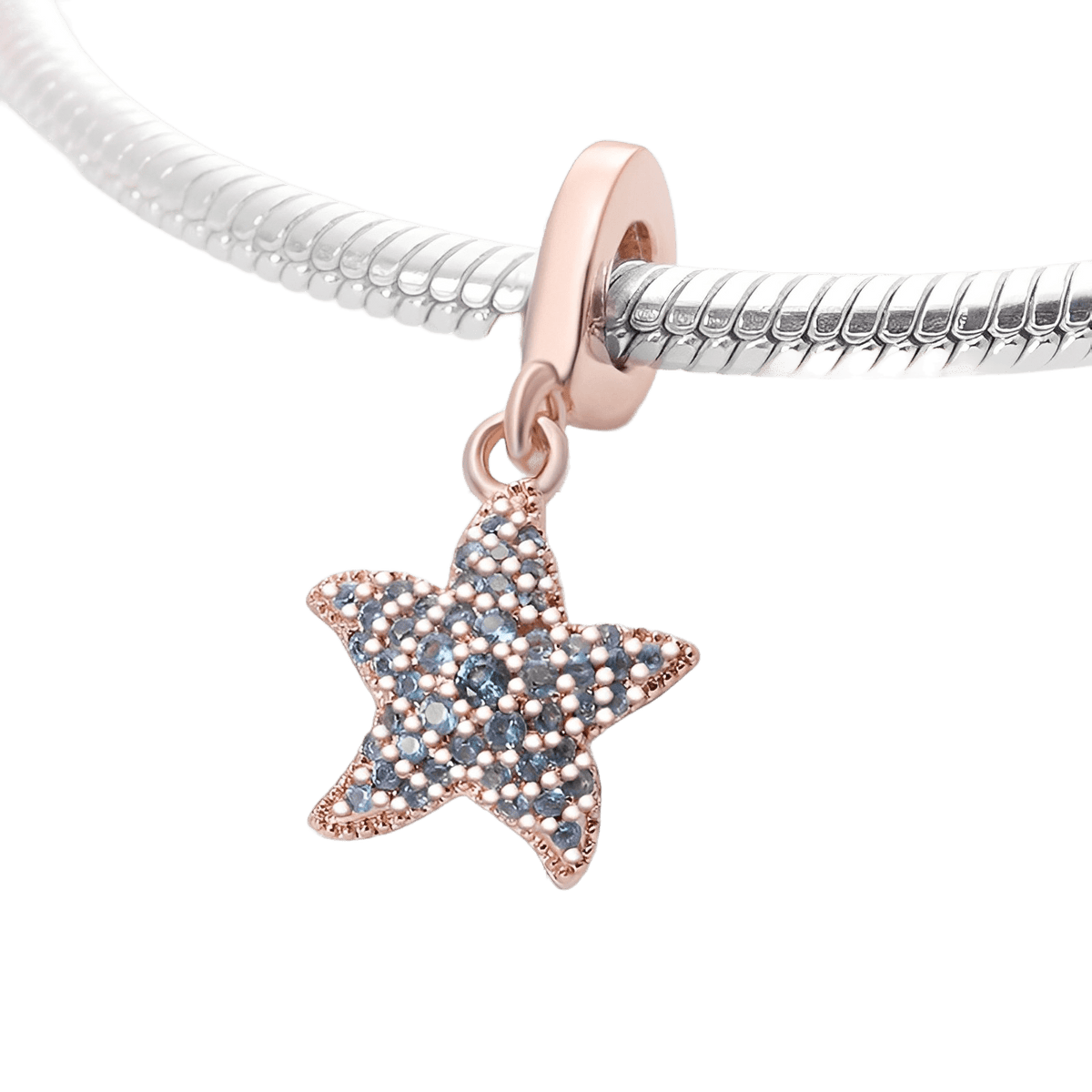 Rose Gold Sparkling Starfish Dangle Charm featuring aqua and lavender stones on a bracelet.