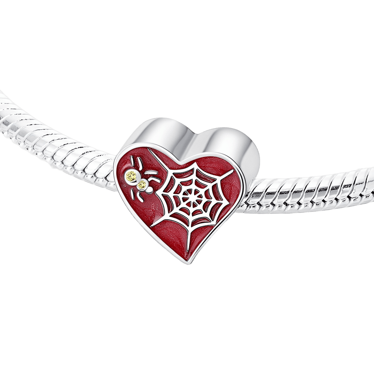 Spider And Web Heart Charm (DISCONTINUED) in sterling silver with a red background and intricate web design.