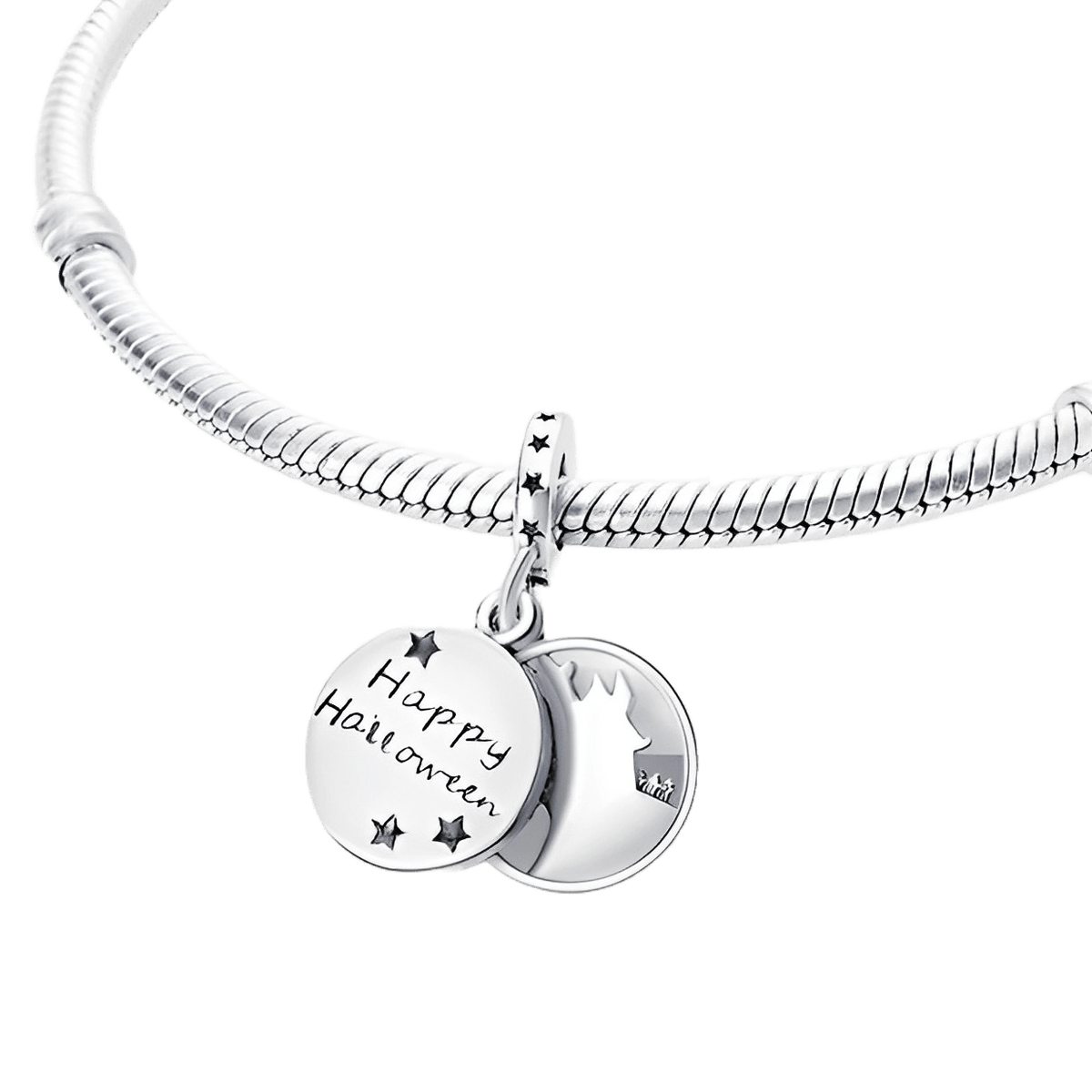 Haunted House Halloween Dangle Charm ( DISCONTINUED ) on a silver bracelet with Halloween-themed charms.