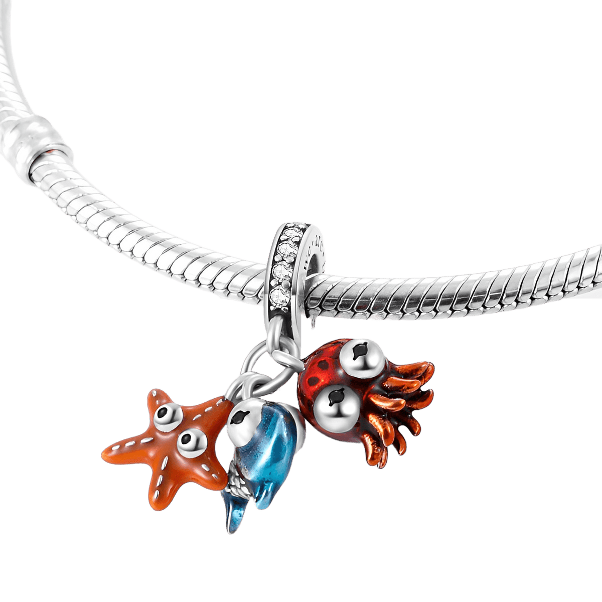 Colorful Ocean Friends Dangle Charm ( DISCONTINUED ) featuring starfish, fish, and octopus on silver bracelet.