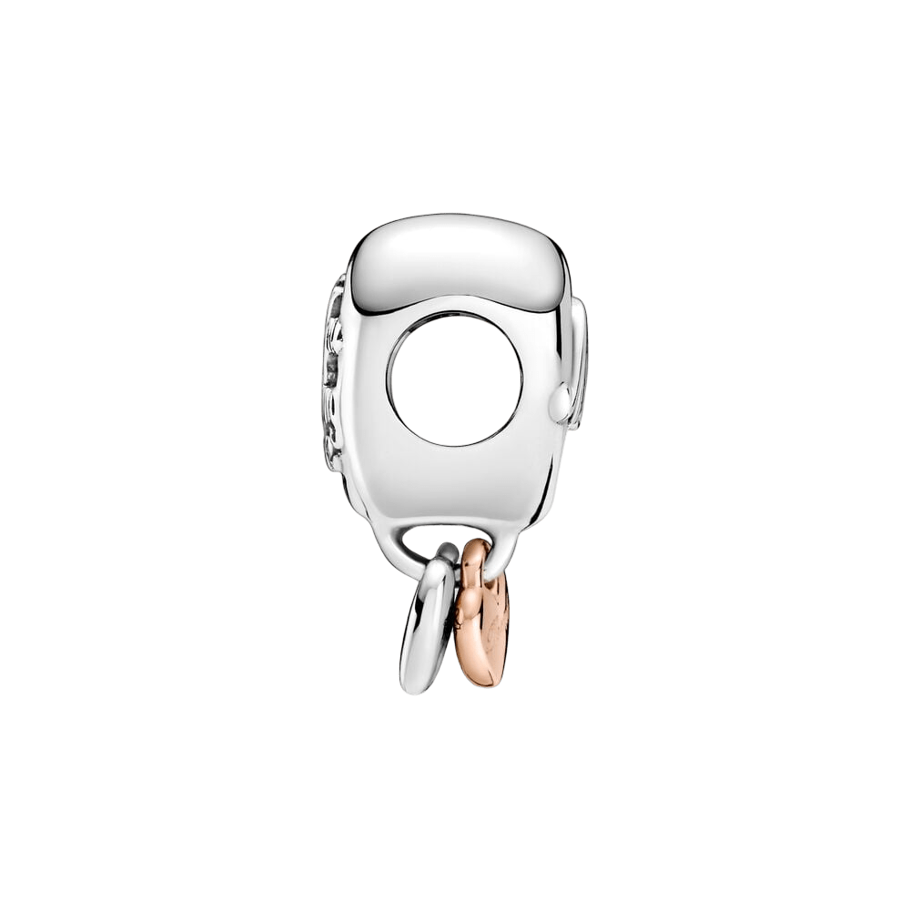 Mom Thanks Heart Charm showcasing openwork silver heart with rose gold Thanks heart dangle, perfect for Mother's Day.