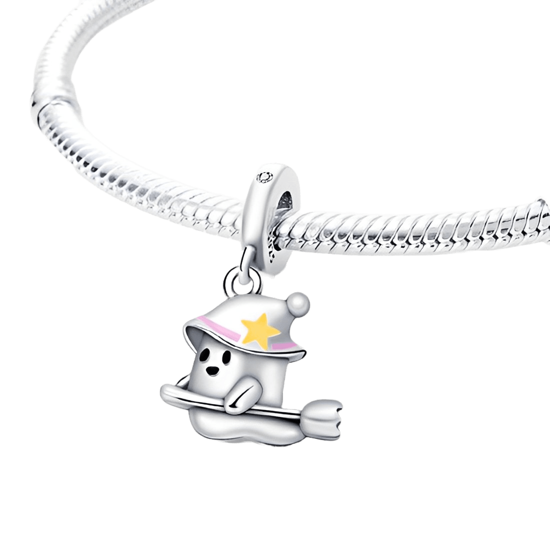 The Ghost On The Broomstick Dangle Charm (DISCONTINUED) featuring a cute ghost on a broomstick