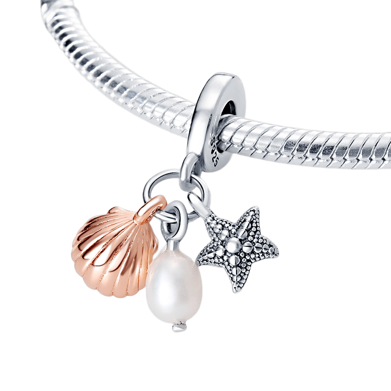 You Are My Treasure Ocean Dangle Charm with rose gold scallop shell, pearl drop, oxidised silver starfish.