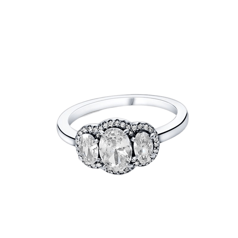 Three Stone Halo Sparkle Ring ( Discontinued ) featuring dazzling zircon stones in a halo setting, crafted in sterling silver.