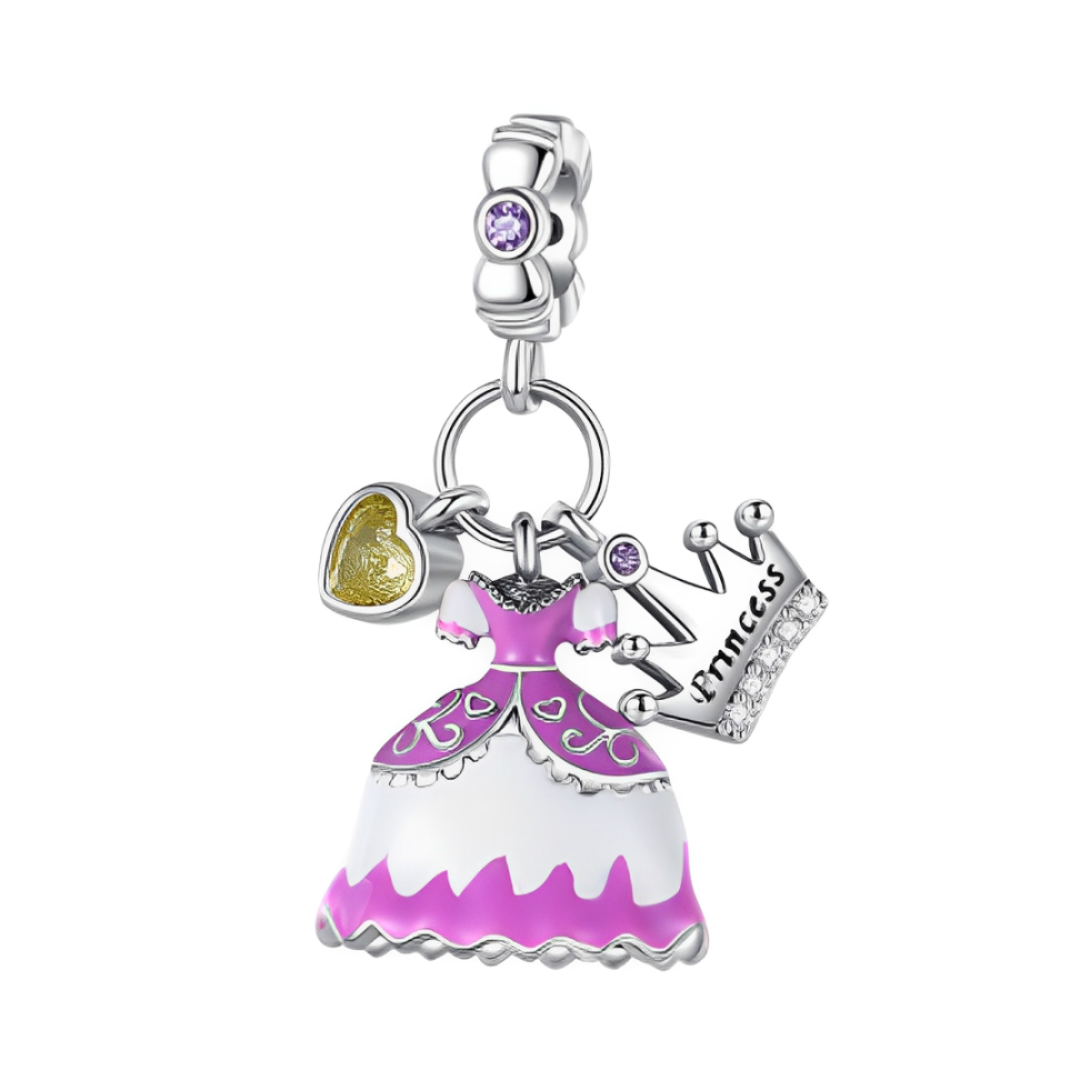 Princess Crown, Dress and Heart Triple Dangle Charm ( Discontinued) featuring a pink dress, heart, and crown.