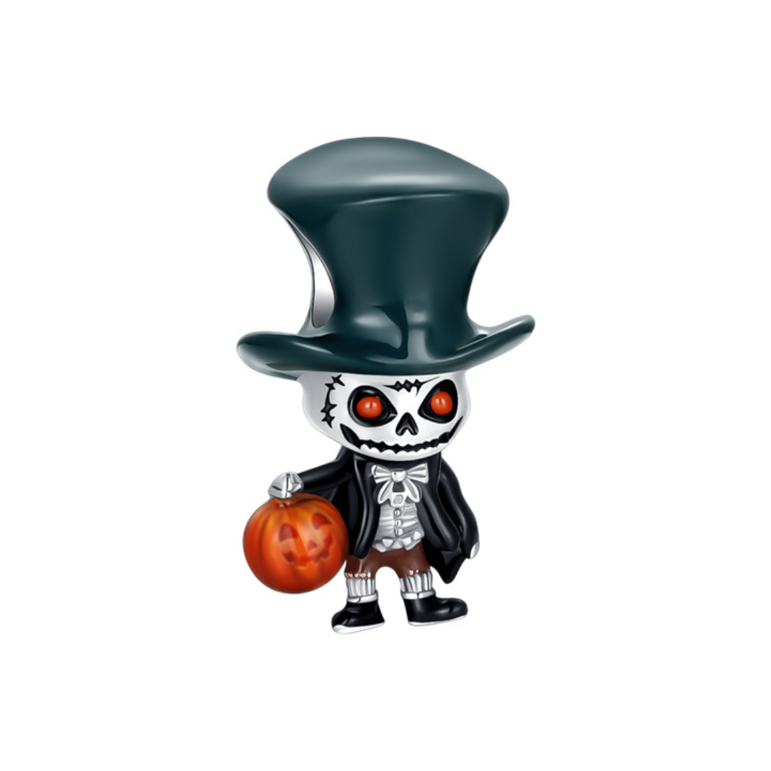 Pumpkin Skeleton Gentleman Charm in a dapper skeleton design holding a pumpkin, perfect for Halloween lovers.