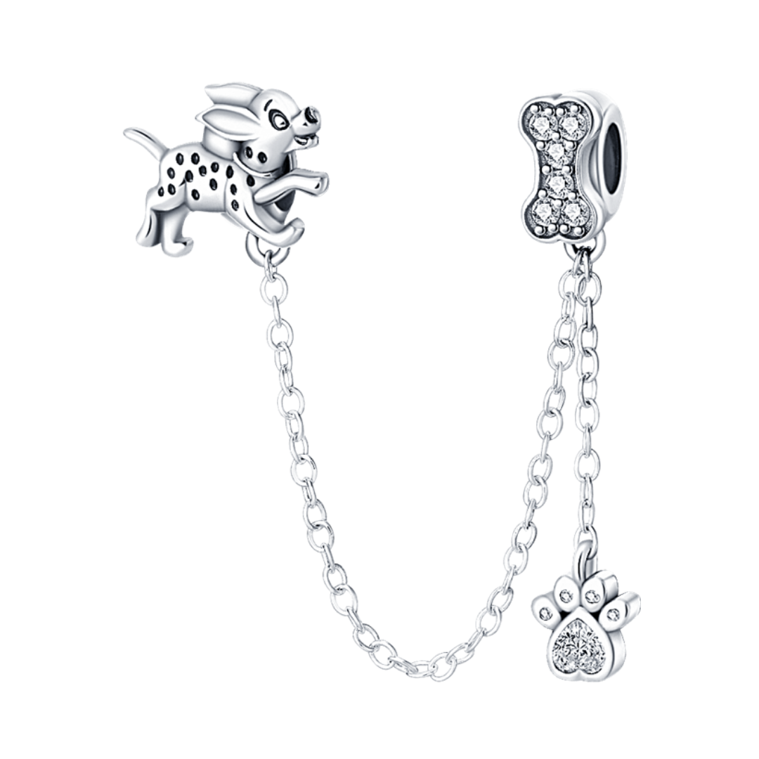 Puppy Paw Safety Chain ( Discontinued ) - Sterling silver charm with playful puppy and sparkling bone design.