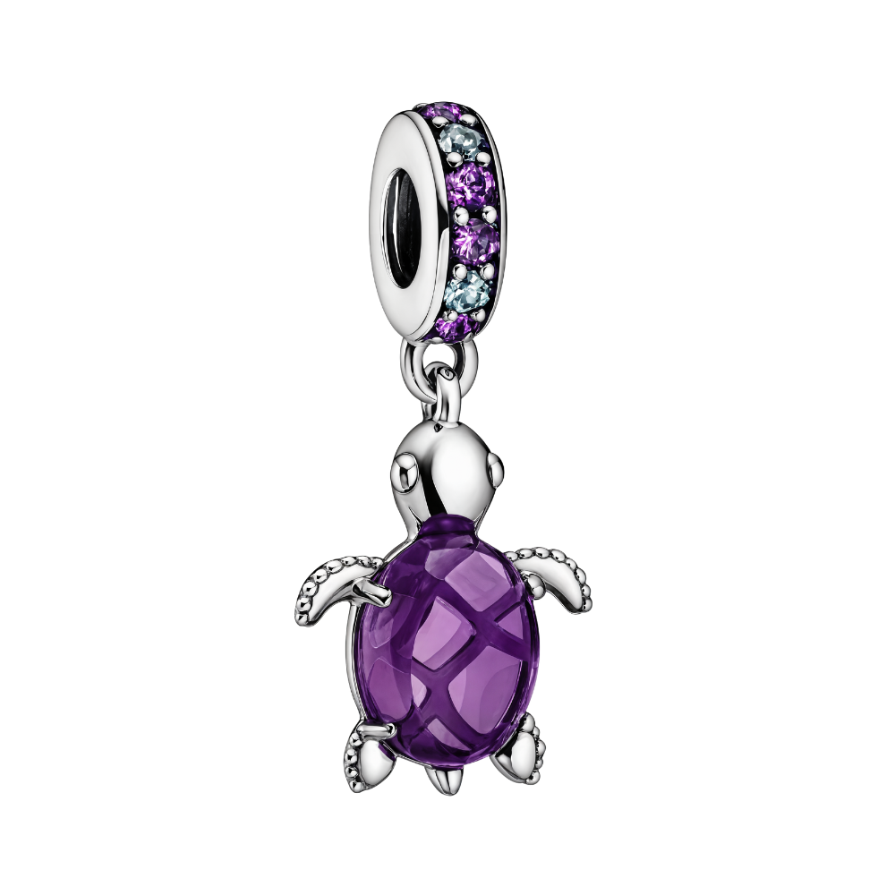 Purple Murano Glass Sea Turtle Dangle Charm with faceted purple glass shell and sparkling accents.