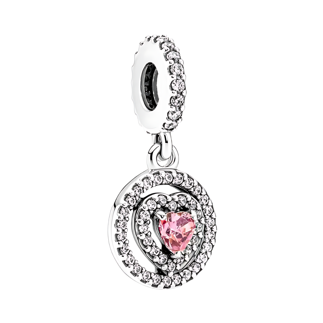 Radiant Pink Heart Halo Disc Dangle Charm featuring a faceted pink heart and sparkling white stones in a stunning design.