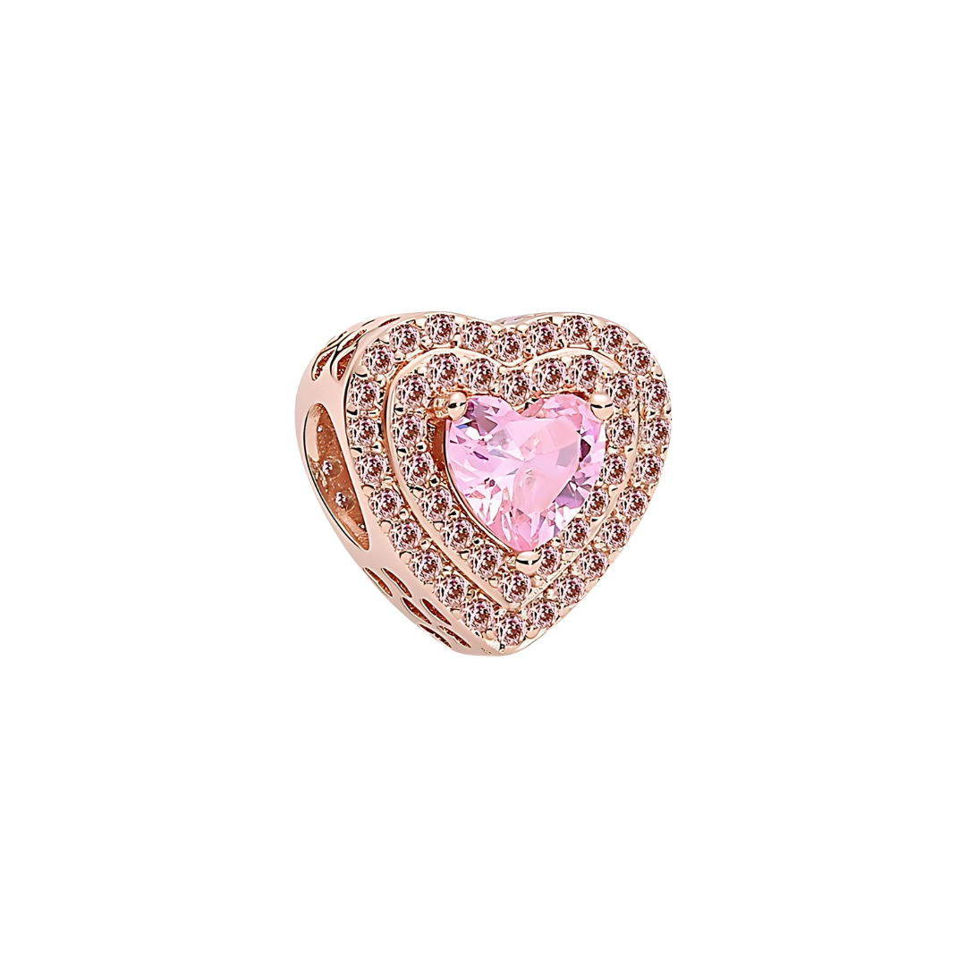 Radiant Rose Gold Pink Halo Heart Charm showcasing a large pink heart stone surrounded by sparkling pink stones.