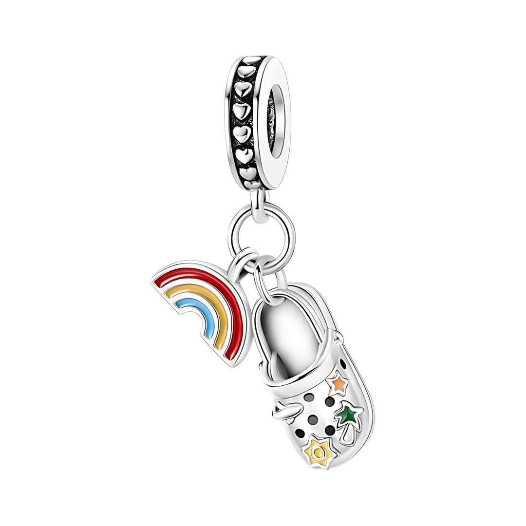 Rainbow Croc Shoe Dangle Charm featuring a vibrant rainbow and embellished croc design.