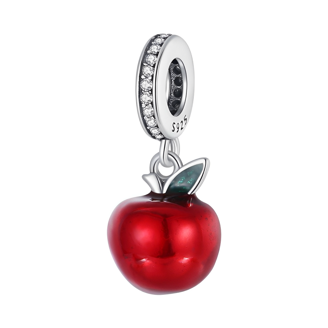 Red Apple Dangle Charm featuring a glossy red apple with a green leaf and sparkling bail.