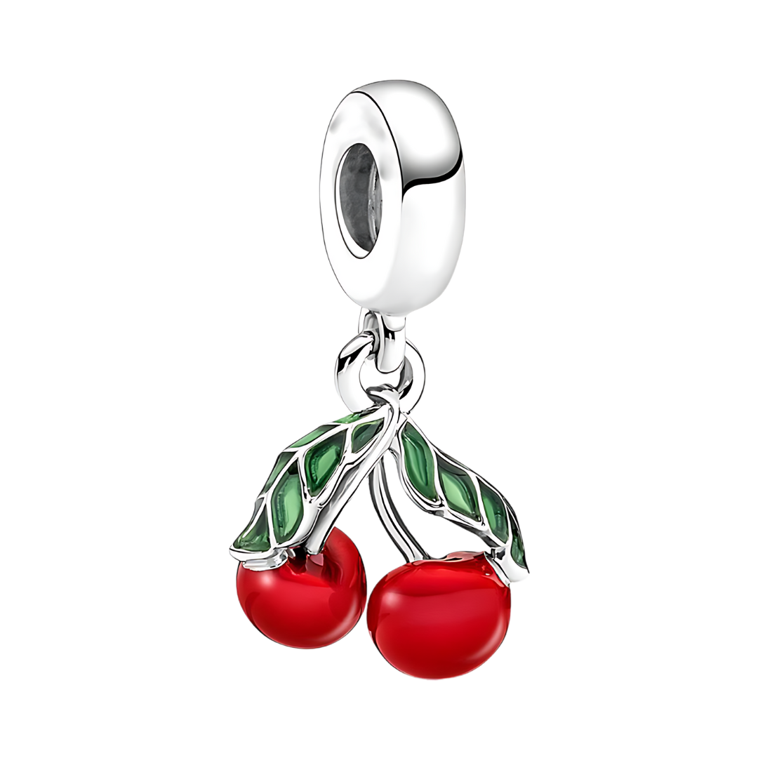 Red Cherry Dangle Charm featuring glossy red enamel cherries and detailed green enamel leaves.