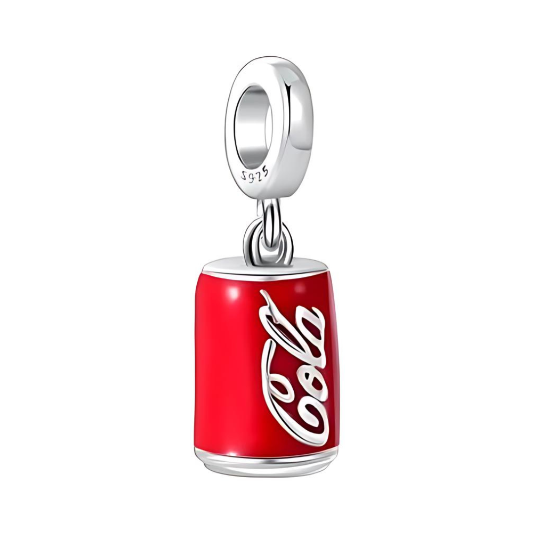 Red Cola Can Dangle Charm featuring vivid red enamel and white script detail for soda lovers.