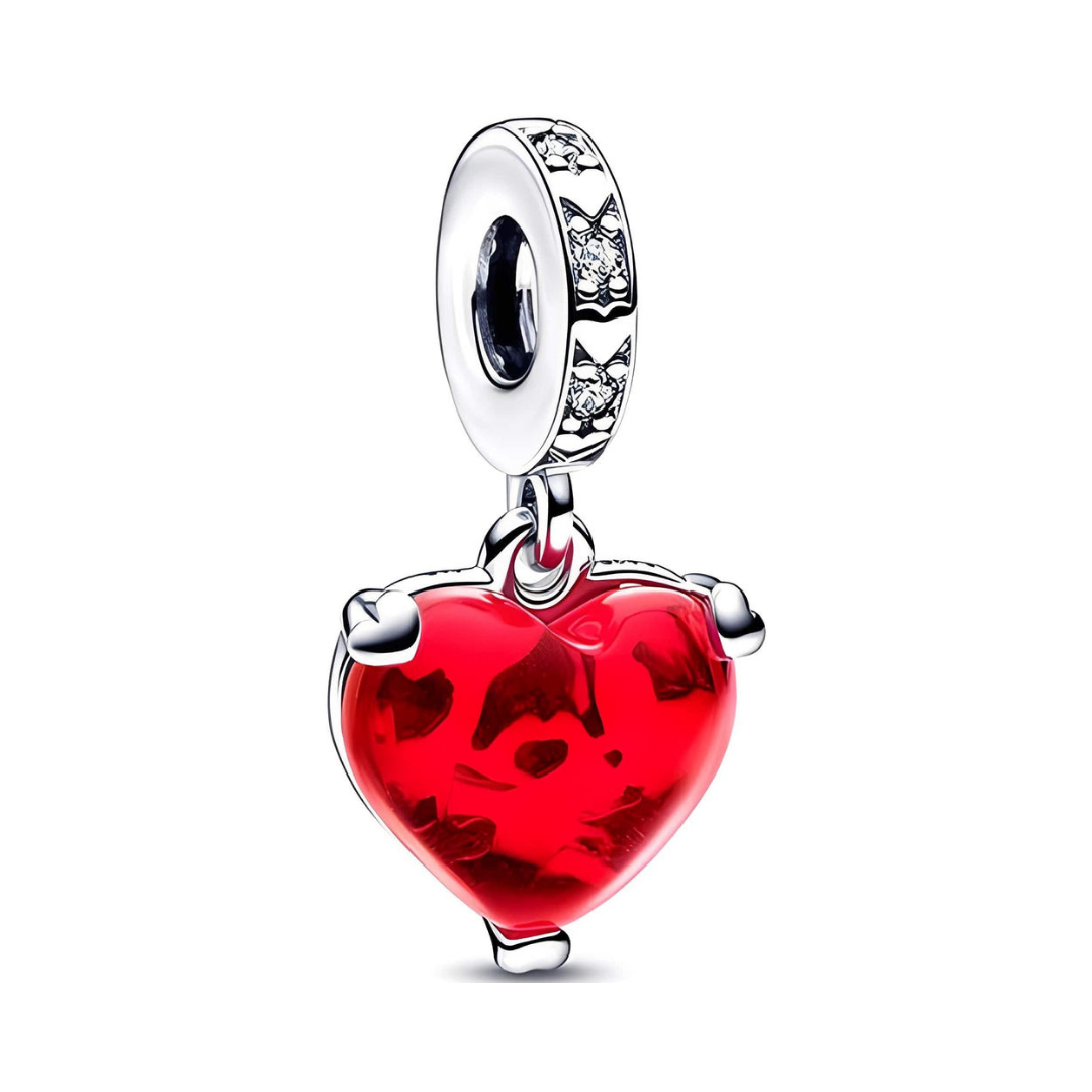 Disney Mickey and Minnie Mouse Kiss Murano Dangle Charm - red heart design symbolizing love and romance.