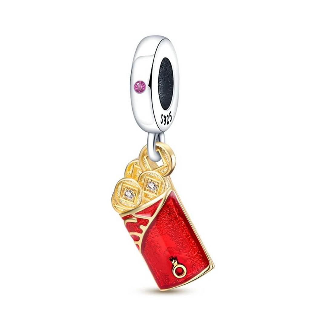 Red Money Envelope Dangle Charm ( DISCONTINUED ) in sterling silver with red enamel and gold accents