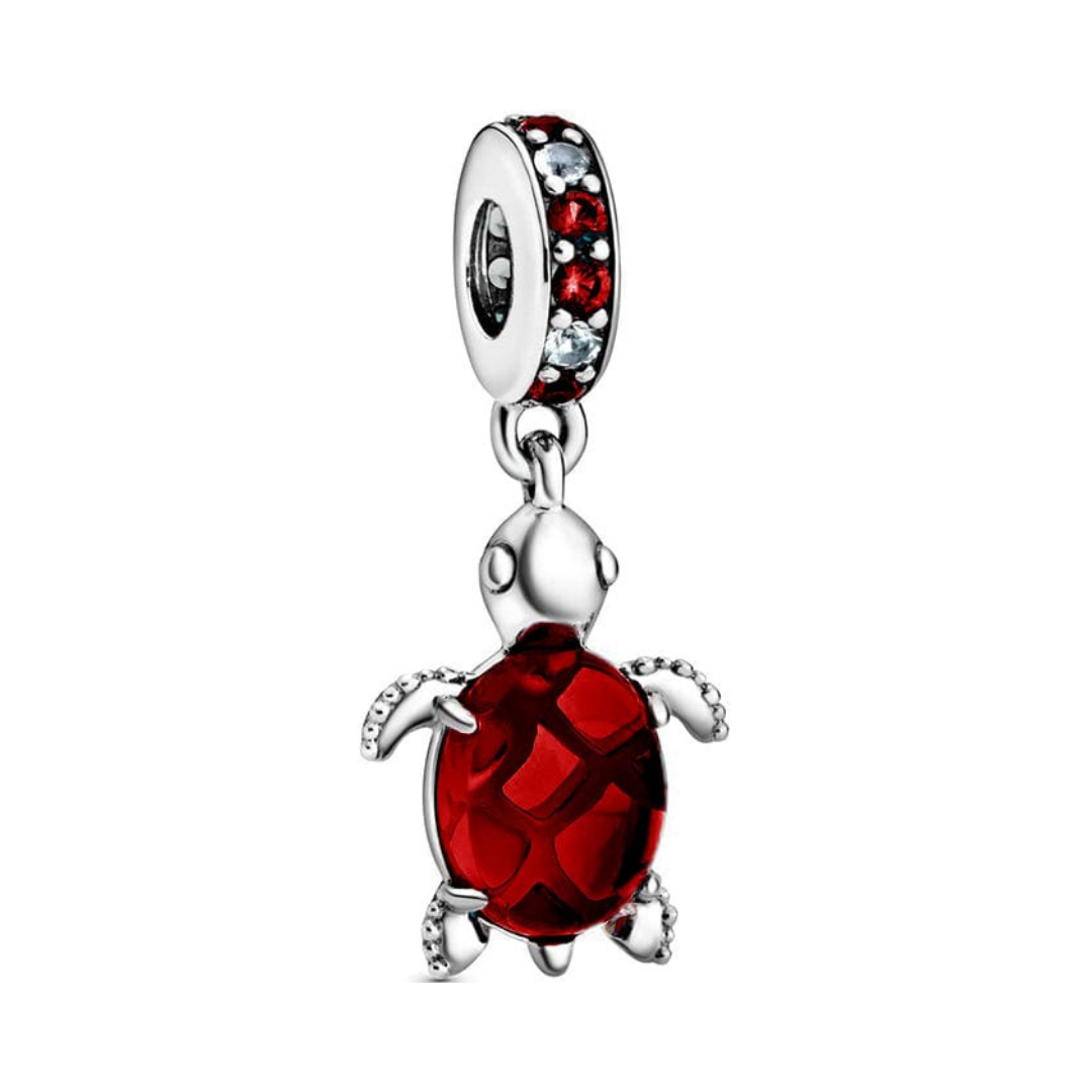 Red Murano Glass Sea Turtle Dangle Charm featuring a radiant deep red glass shell and silver accents.