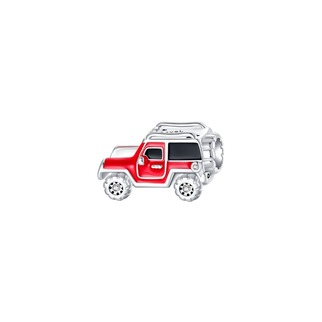 Red Off-Road Adventure Jeep Charm in shiny silver and bold red detailing, perfect for adventure seekers.