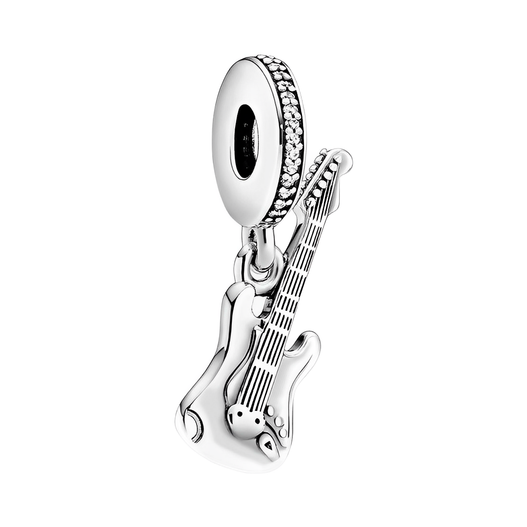 Rock On Electric Guitar Dangle Charm featuring detailed fretboard and polished silver finish.