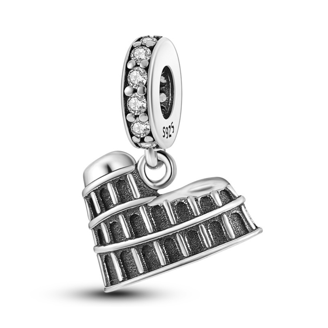 Rome Colosseum Sparkling Dangle Charm featuring oxidised silver detail and sparkling pavé bail.