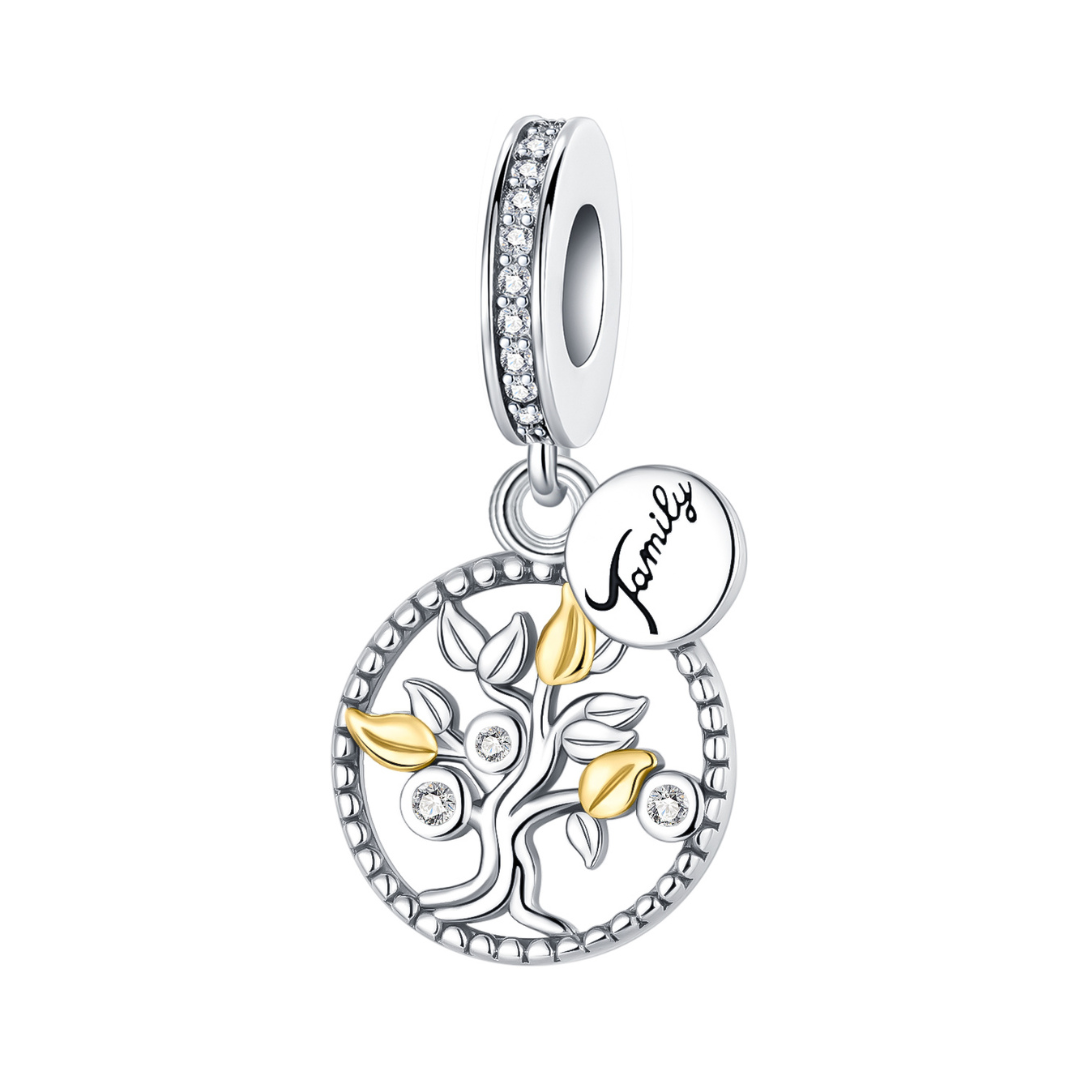 Rooted in Love Family Tree Dangle Charm featuring a silver tree of life and engraved 'Family' disc tag.