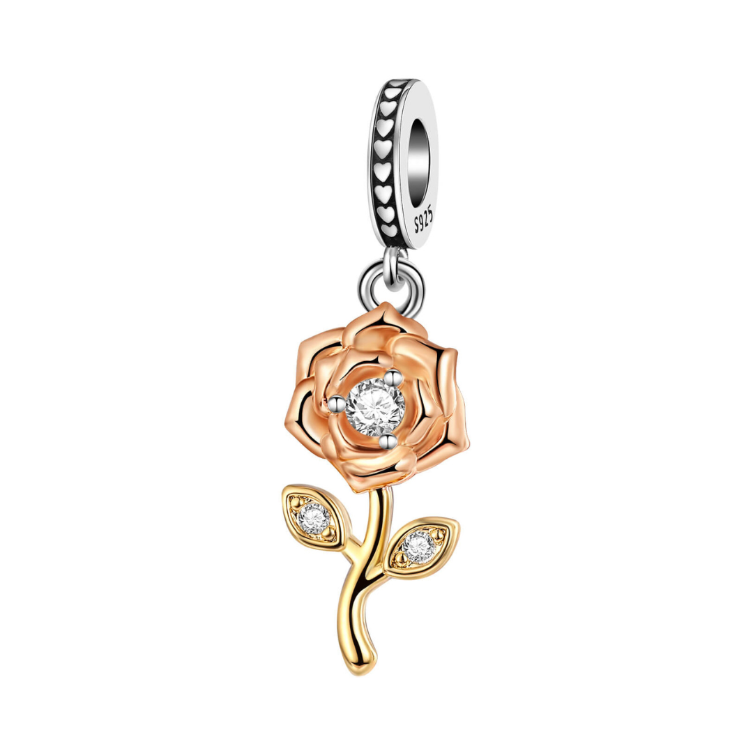 Rose Gold Bloom Sparkling Rose Dangle Charm ( Discontinued) featuring a rose, leaves, and sparkling stones.