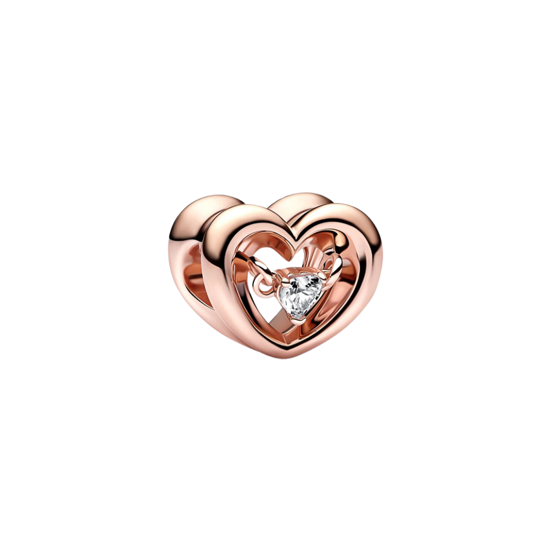 Rose Gold Floating Heart Charm featuring a sparkling heart-cut stone in a rose gold open heart design.