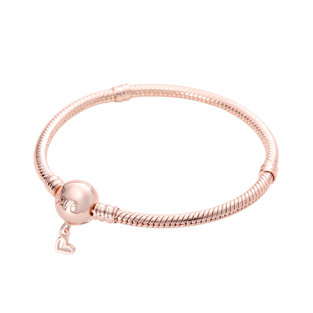 Rose Gold Love Heart Dangle Snake Chain Bracelet ( Discontinued) with heart charm and polished detail.