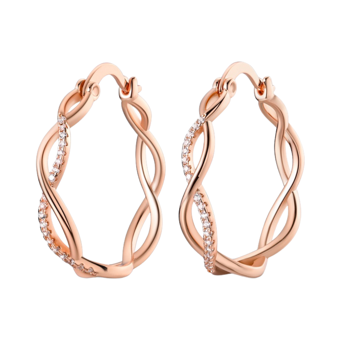 Rose Gold Infinity Twist Hoop Earrings with sparkling design, perfect for romantic or elegant occasions.