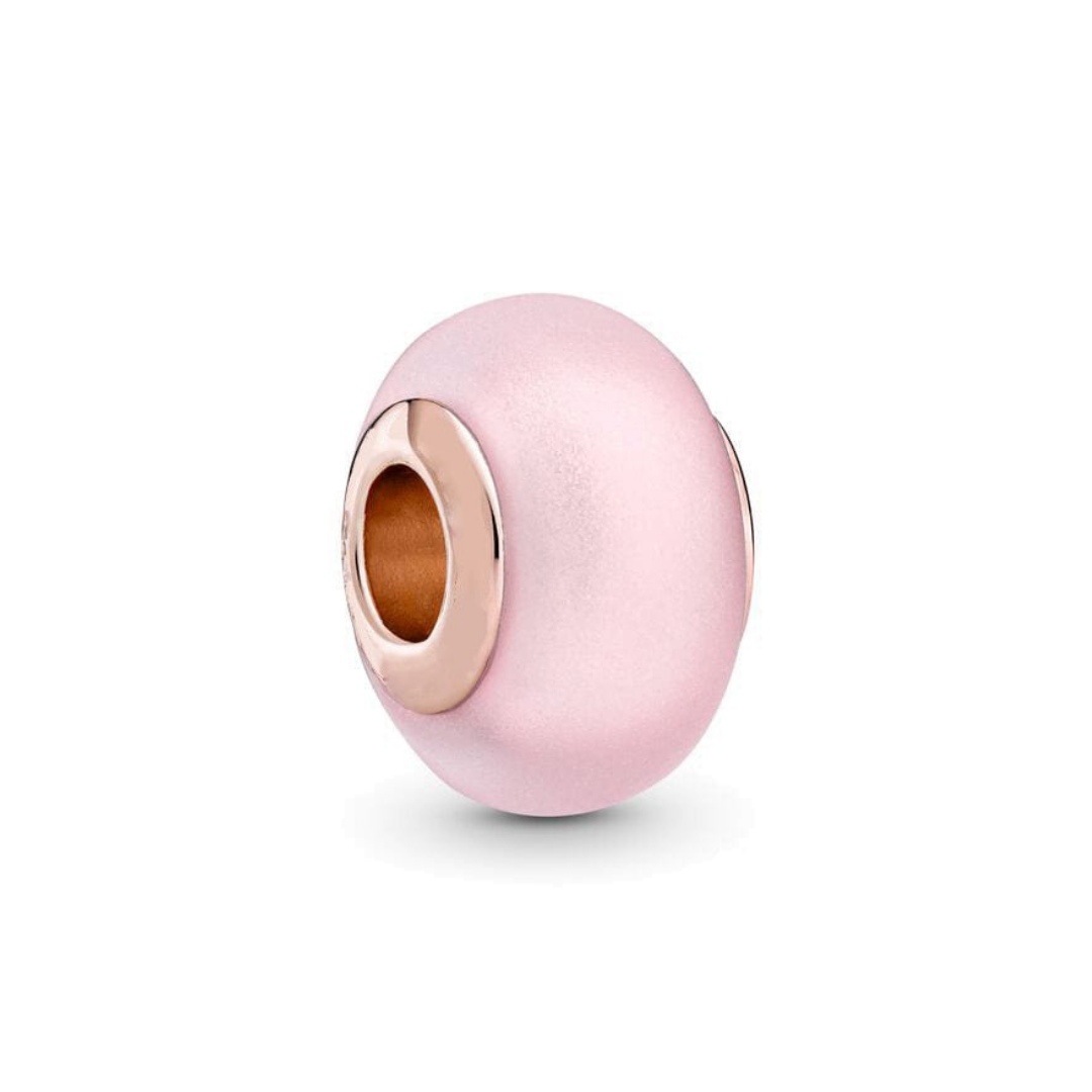 Rose Gold Matte Pink Murano Glass Charm in soft pink with warm rose gold core, perfect for romantic gifts.