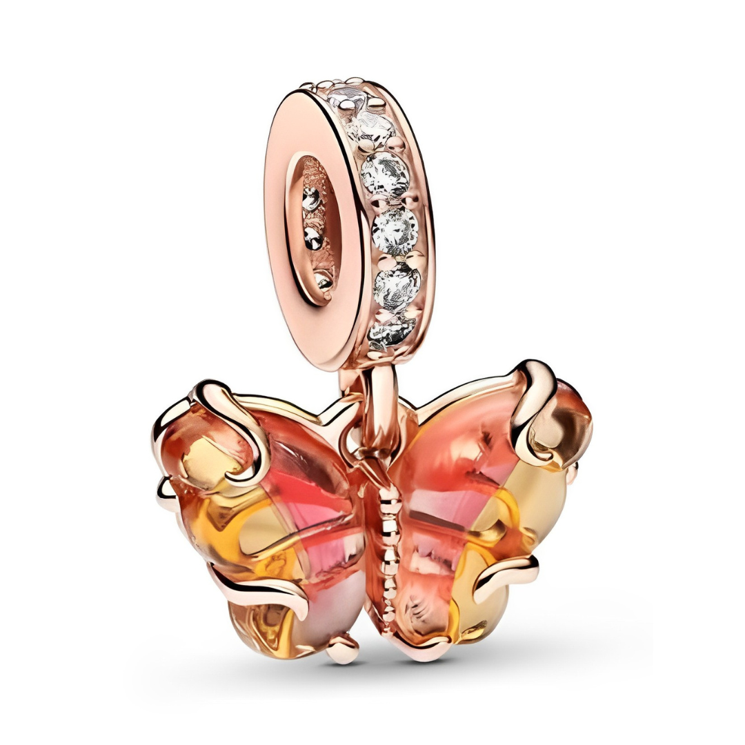 Rose Gold Murano Glass Butterfly Dangle Charm with handcrafted glass wings in sunset tones.