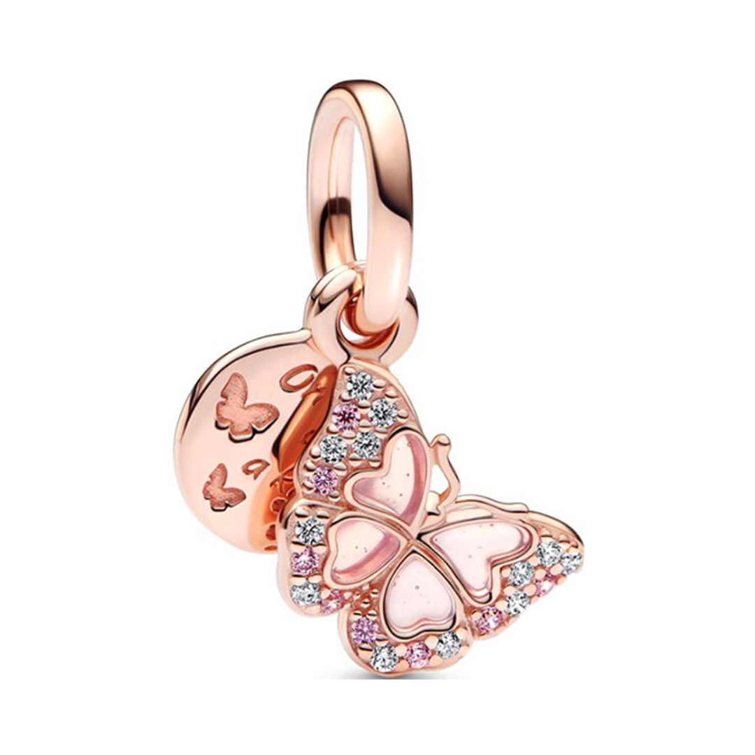 Rose Gold One of a Kind Sparkling Butterfly Pendant featuring pink crystals and an engraved disc.