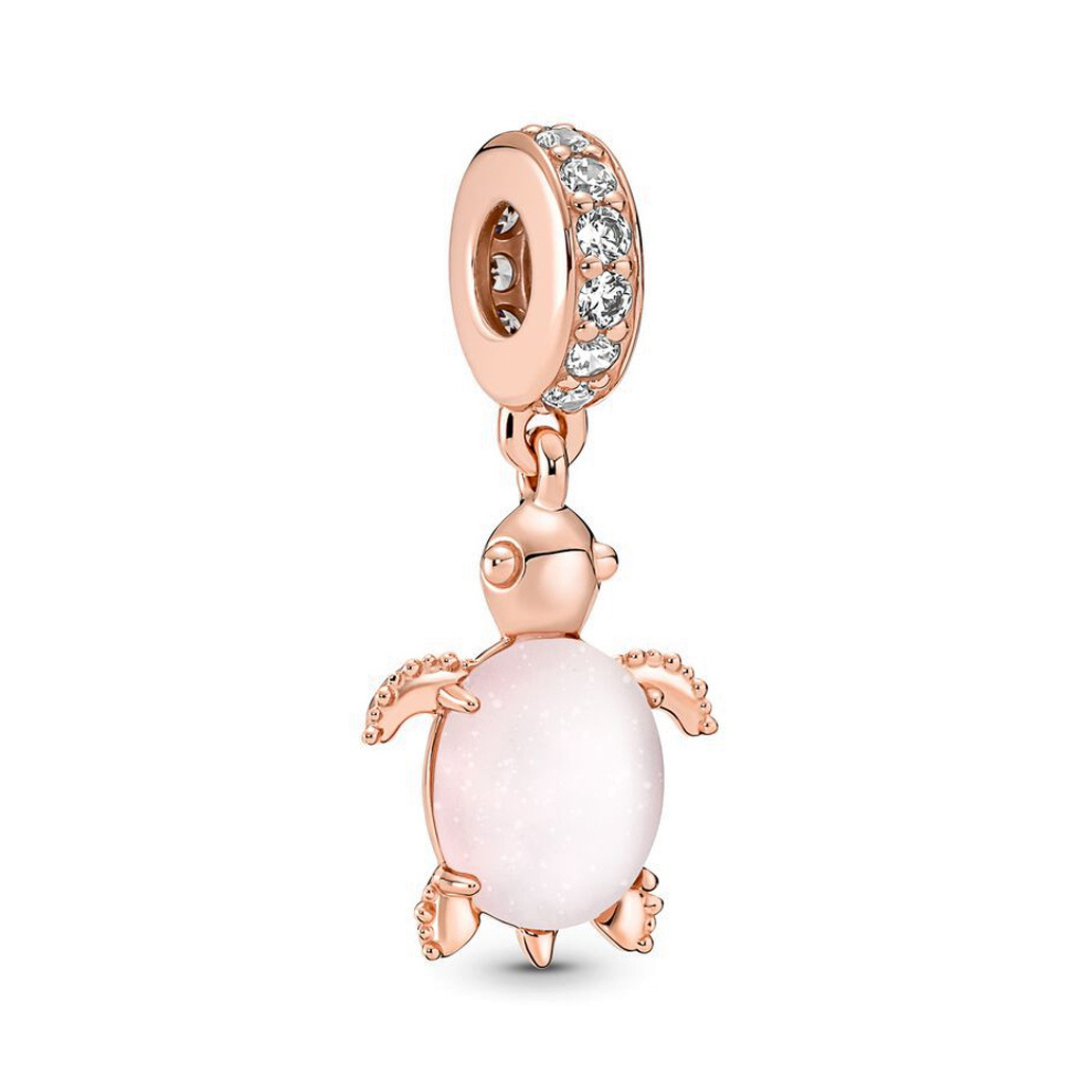 Rose Gold Opal Sea Turtle Dangle Charm with a pink opal shell and rose gold features.