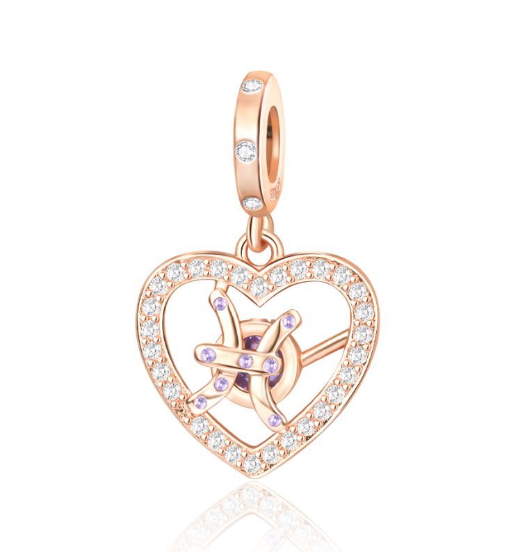 Rose Gold Sparkling Pisces Dangle Charm featuring a heart and Pisces symbol with pavé crystals.