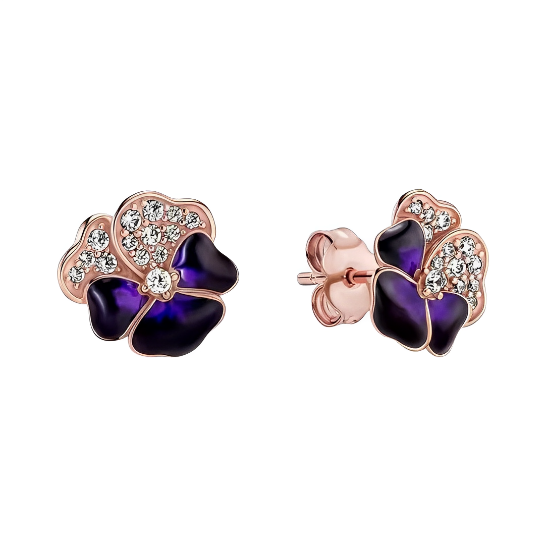 Rose Gold Purple Pansy Flower Stud Earrings featuring purple petals and sparkling accents