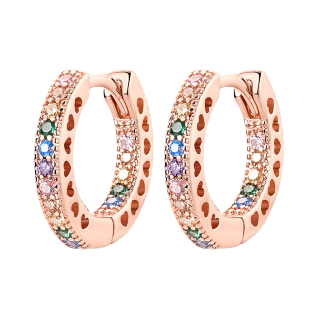 Rose Gold Rainbow Zircon Hoop Earrings featuring vibrant gemstones and heart-shaped details.